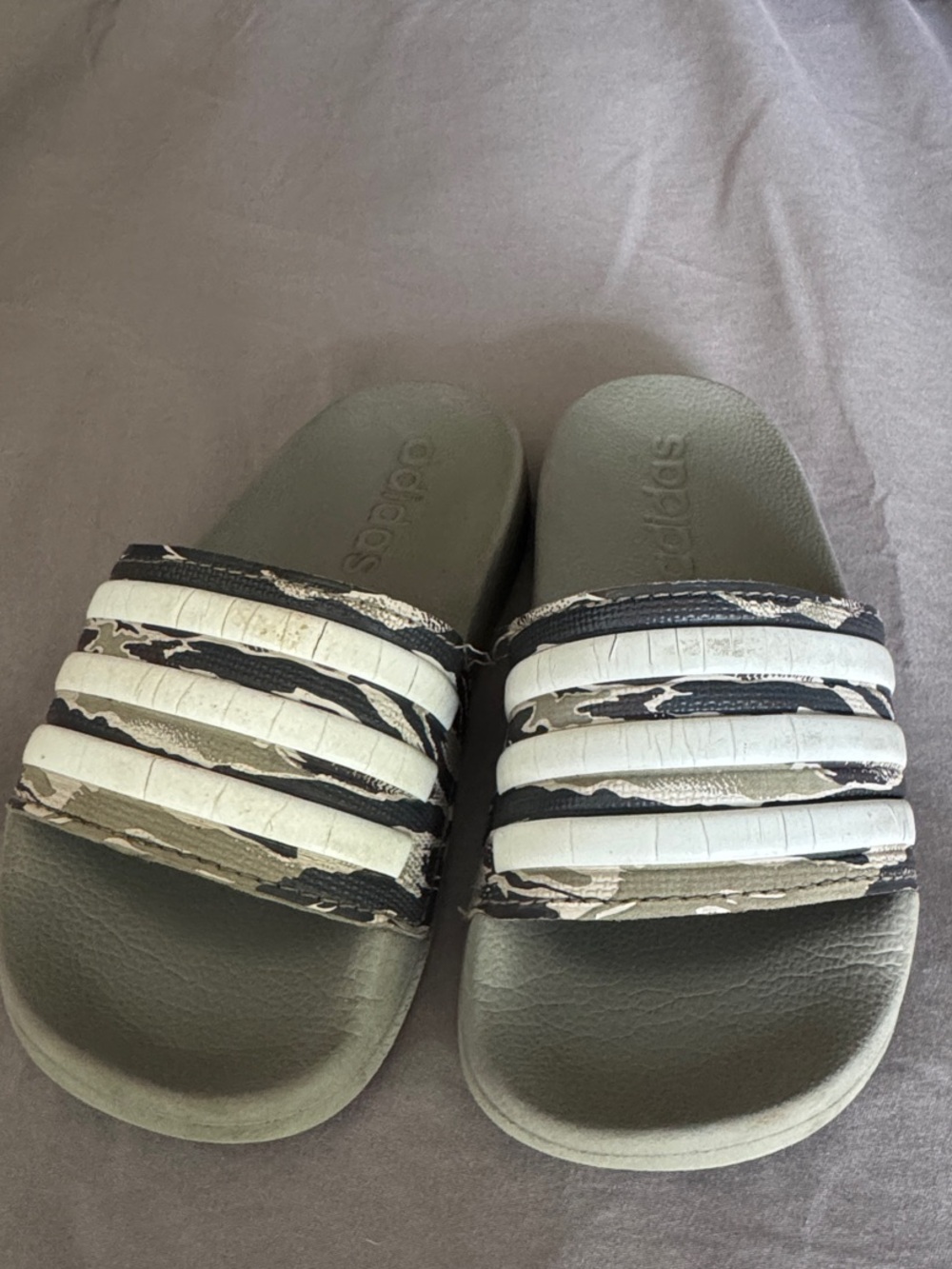adidas Kids Olive Green Slide Sandals with White Camo Straps